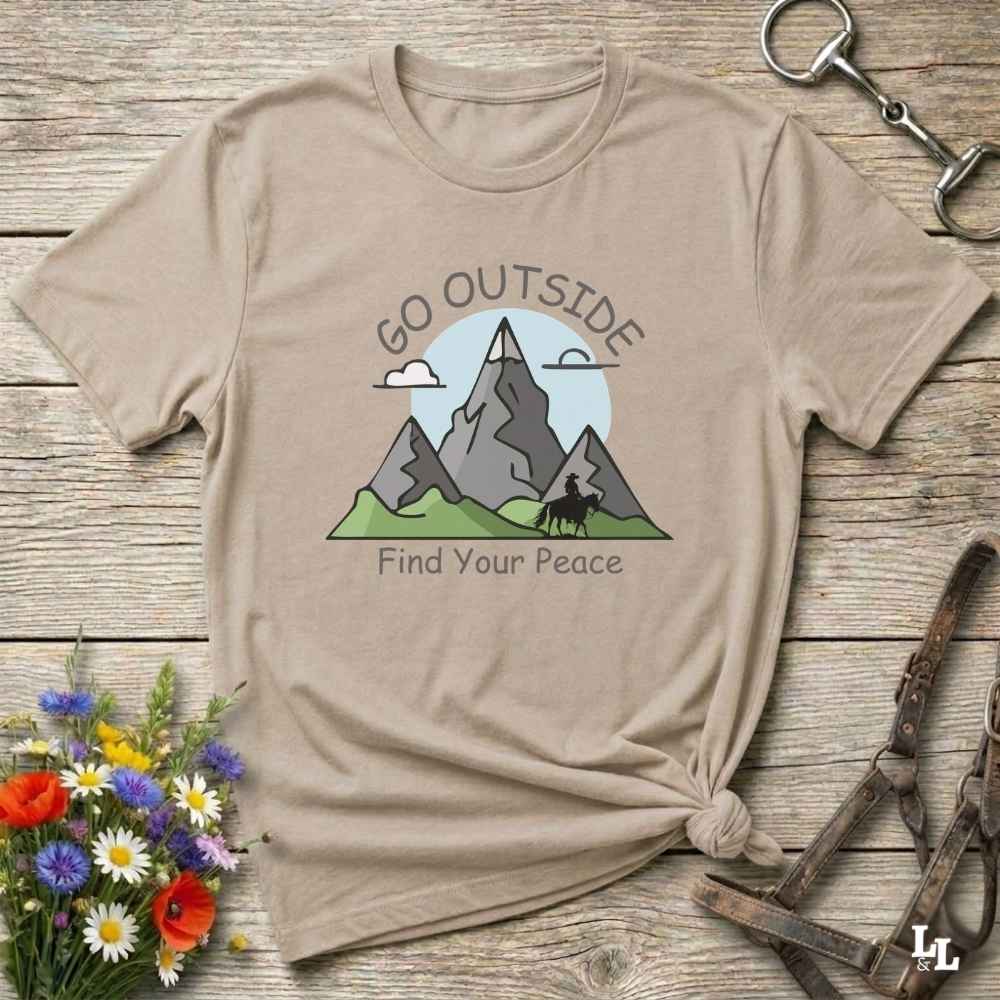 beige Go Outside Find your Peace T-Shirt for Horse Lovers, Horse Riding Tee, Barn Wear Apparel