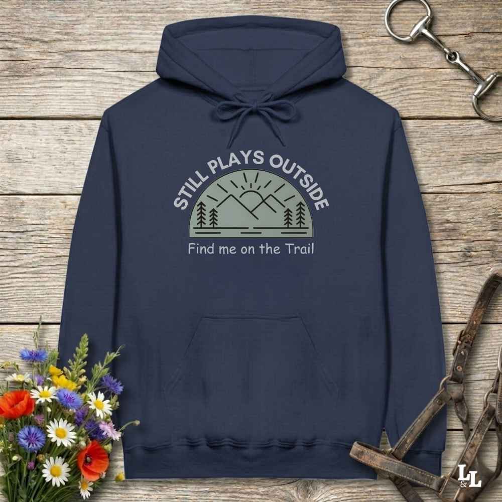 navy blue Still Plays Outside Hoodie for Horse Lovers, Cozy Barn Wear Horse Riding Hoodie