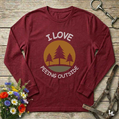 red I Love Peeing Outside Long Sleeve Tee for Horse Lovers, Trail Riding Tee for Horse Riders