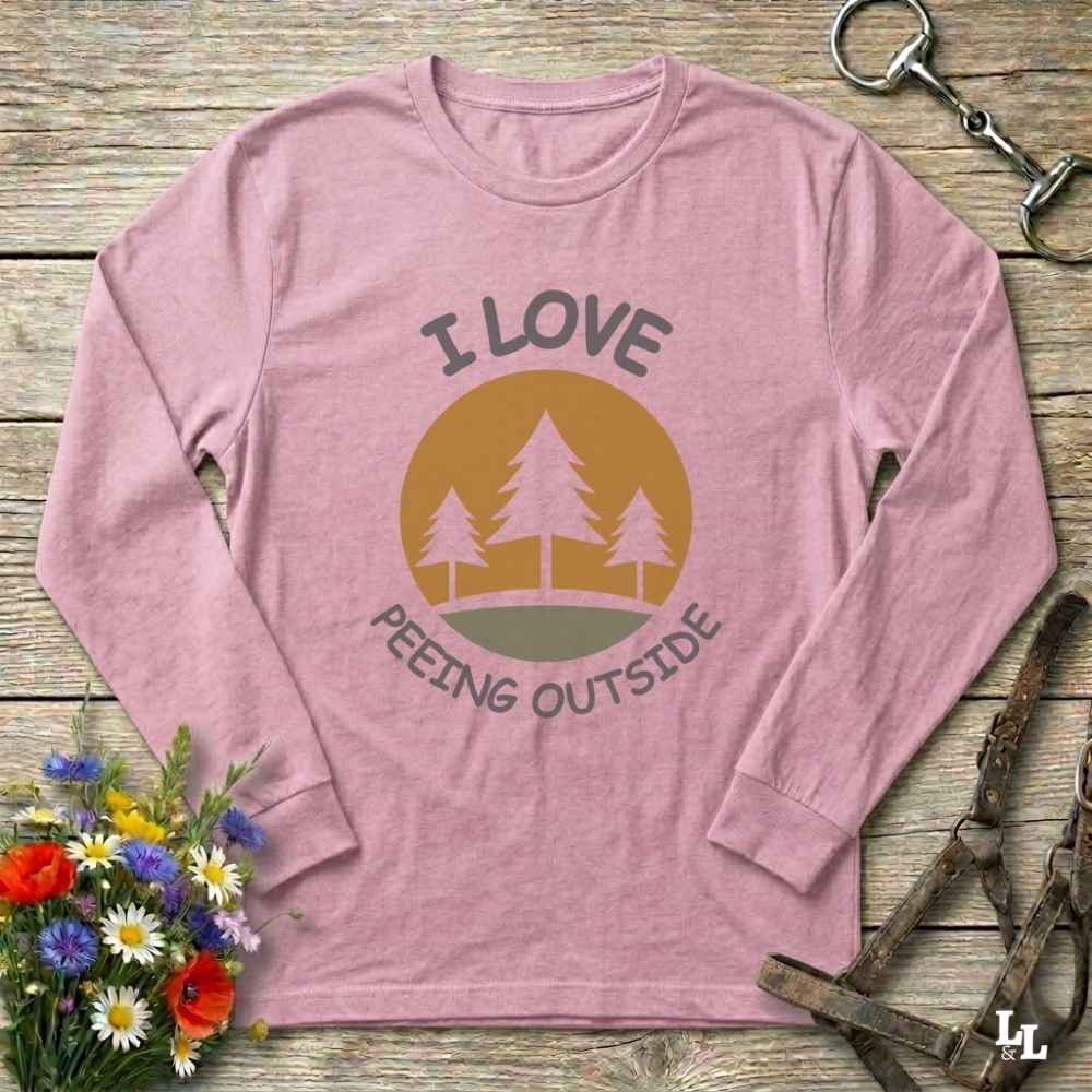 pink I Love Peeing Outside Long Sleeve Tee for Horse Lovers, Trail Riding Tee for Horse Riders
