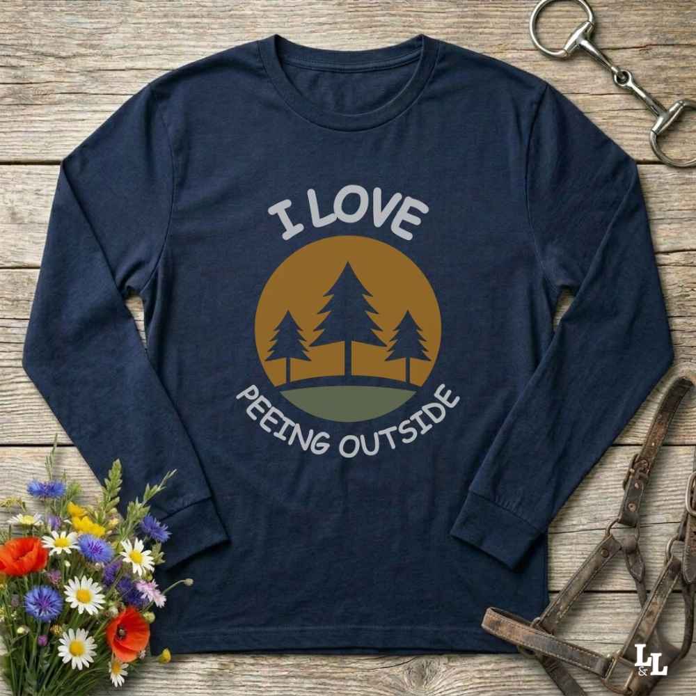 navy blue I Love Peeing Outside Long Sleeve Tee for Horse Lovers, Trail Riding Tee for Horse Riders