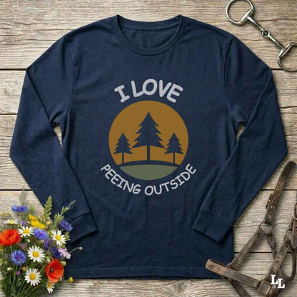 navy blue I Love Peeing Outside Long Sleeve Tee for Horse Lovers, Trail Riding Tee for Horse Riders