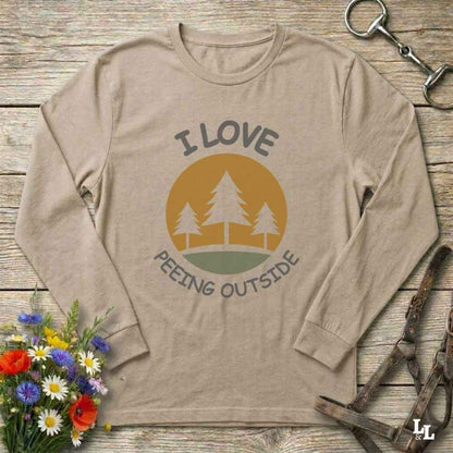 beige I Love Peeing Outside Long Sleeve Tee for Horse Lovers, Trail Riding Tee for Horse Riders