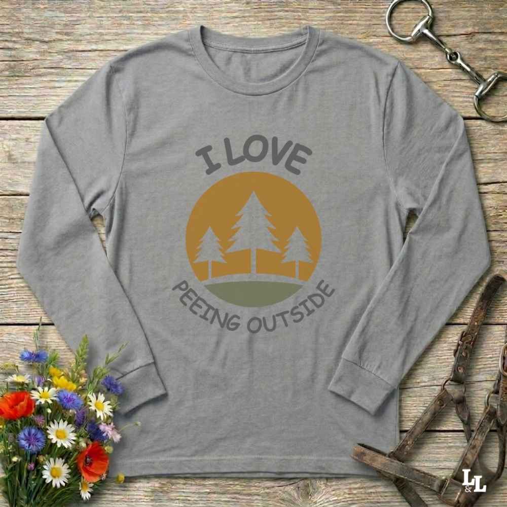 gray I Love Peeing Outside Long Sleeve Tee for Horse Lovers, Trail Riding Tee for Horse Riders