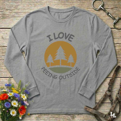 gray I Love Peeing Outside Long Sleeve Tee for Horse Lovers, Trail Riding Tee for Horse Riders