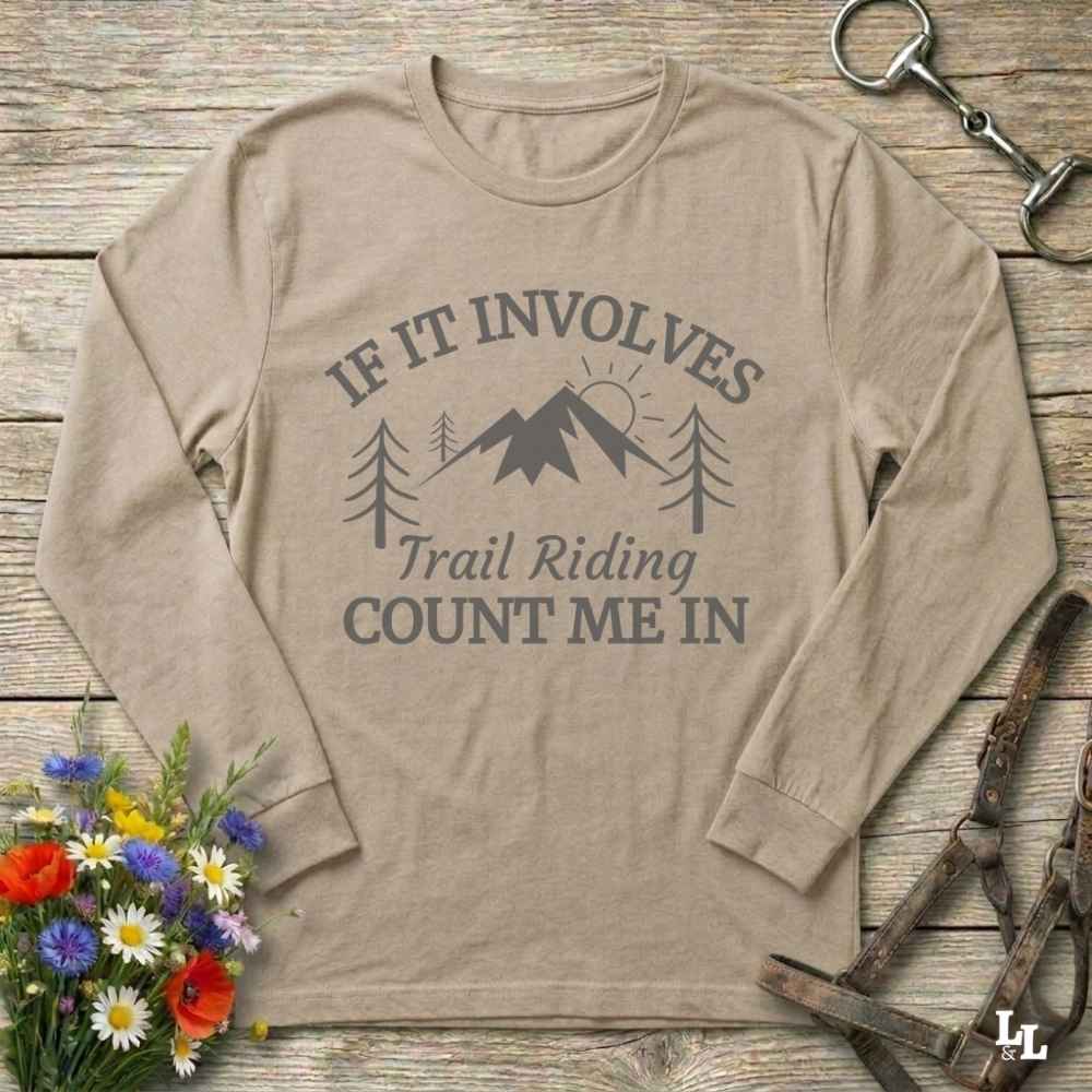 beige Count Me In Long Sleeve Tee for Horse Riders, Trail Riding Tee, Equestrian Apparel