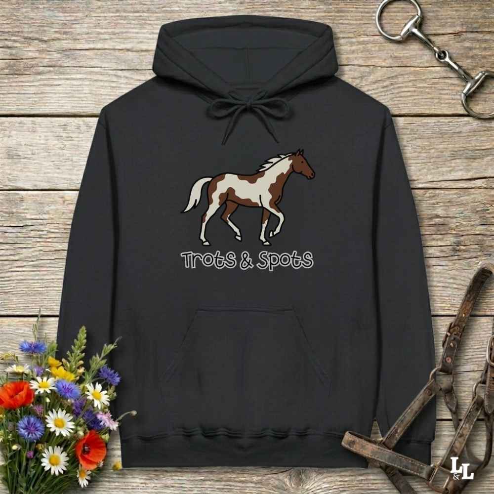 black Trots and Spots Hoodie, Trail Riding Tee for Horse Riders, Equestrian Hoodie for Barn Wear