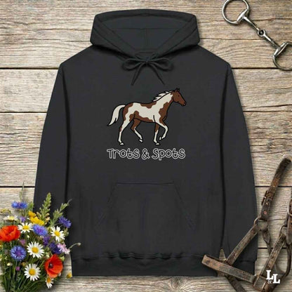 black Trots and Spots Hoodie, Trail Riding Tee for Horse Riders, Equestrian Hoodie for Barn Wear