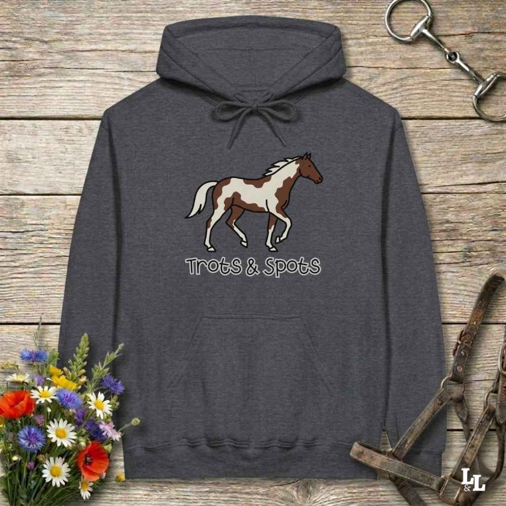 gray Trots and Spots Hoodie, Trail Riding Tee for Horse Riders, Equestrian Hoodie for Barn Wear