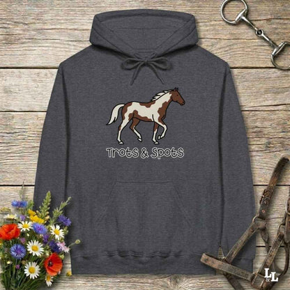 gray Trots and Spots Hoodie, Trail Riding Tee for Horse Riders, Equestrian Hoodie for Barn Wear