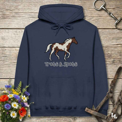 navy blue Trots and Spots Hoodie, Trail Riding Tee for Horse Riders, Equestrian Hoodie for Barn Wear
