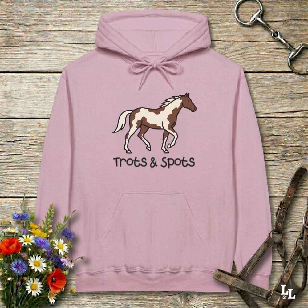 pink Trots and Spots Hoodie, Trail Riding Tee for Horse Riders, Equestrian Hoodie for Barn Wear