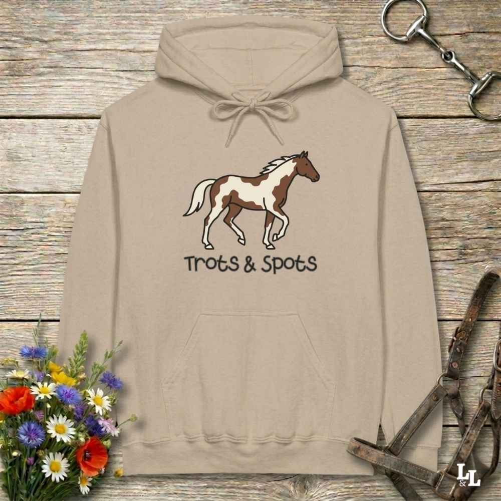 beige Trots and Spots Hoodie, Trail Riding Tee for Horse Riders, Equestrian Hoodie for Barn Wear