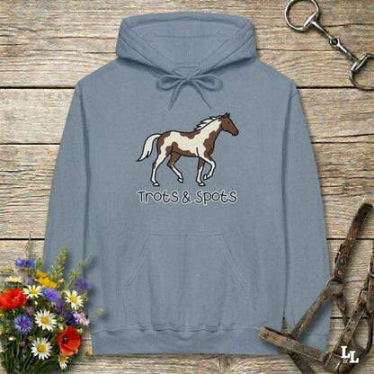 blue Trots and Spots Hoodie, Trail Riding Tee for Horse Riders, Equestrian Hoodie for Barn Wear