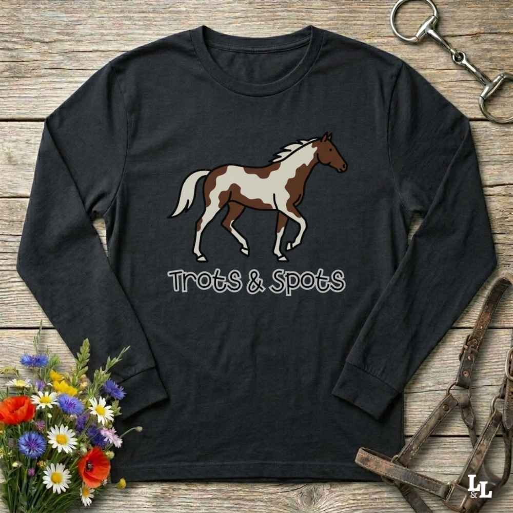 black Trots and Spots Long Sleeve Tee, Trail Riding Tee for Horse Lovers, Equestrian Apparel
