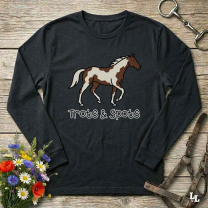 black Trots and Spots Long Sleeve Tee, Trail Riding Tee for Horse Lovers, Equestrian Apparel