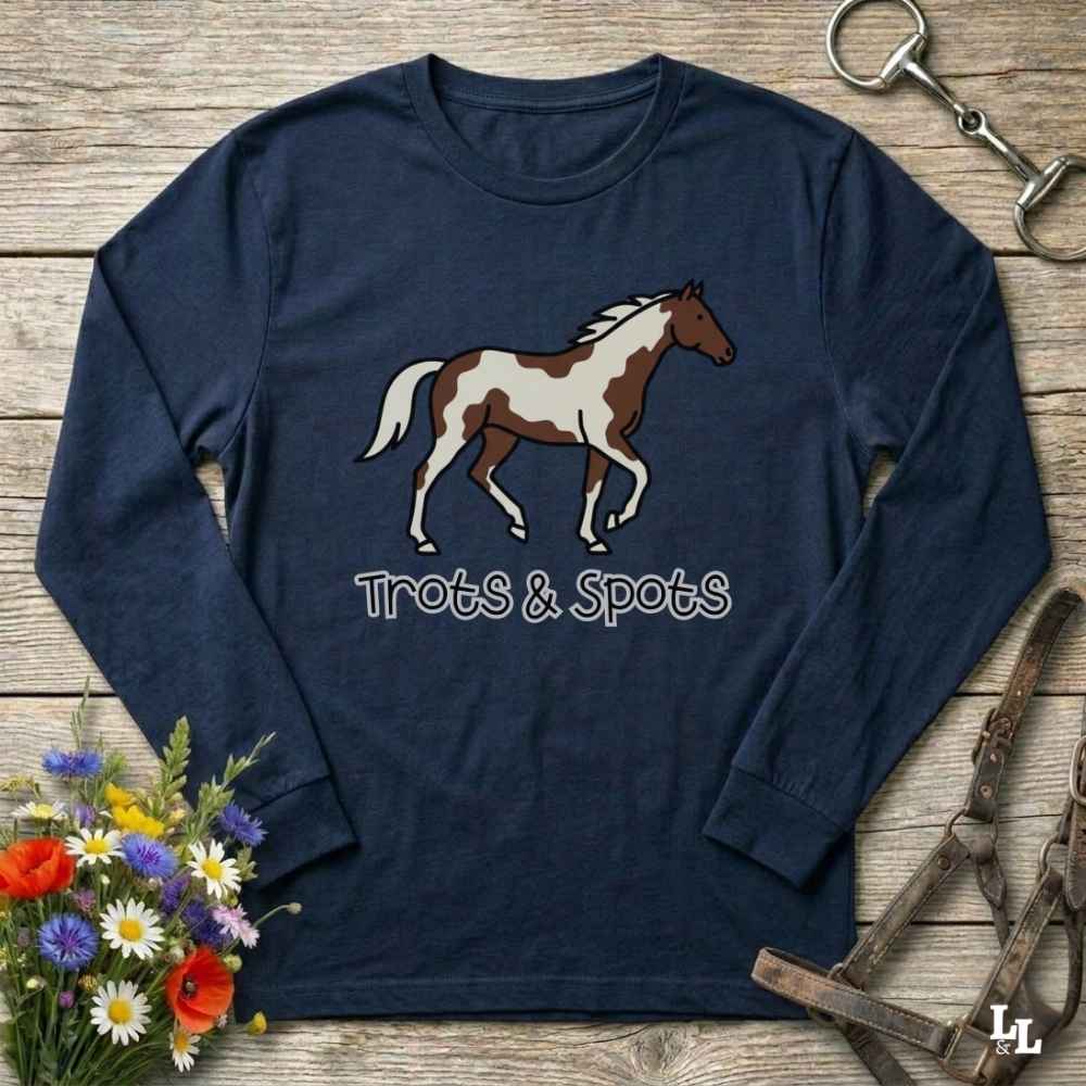 navy blue Trots and Spots Long Sleeve Tee, Trail Riding Tee for Horse Lovers, Equestrian Apparel