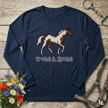 navy blue Trots and Spots Long Sleeve Tee, Trail Riding Tee for Horse Lovers, Equestrian Apparel