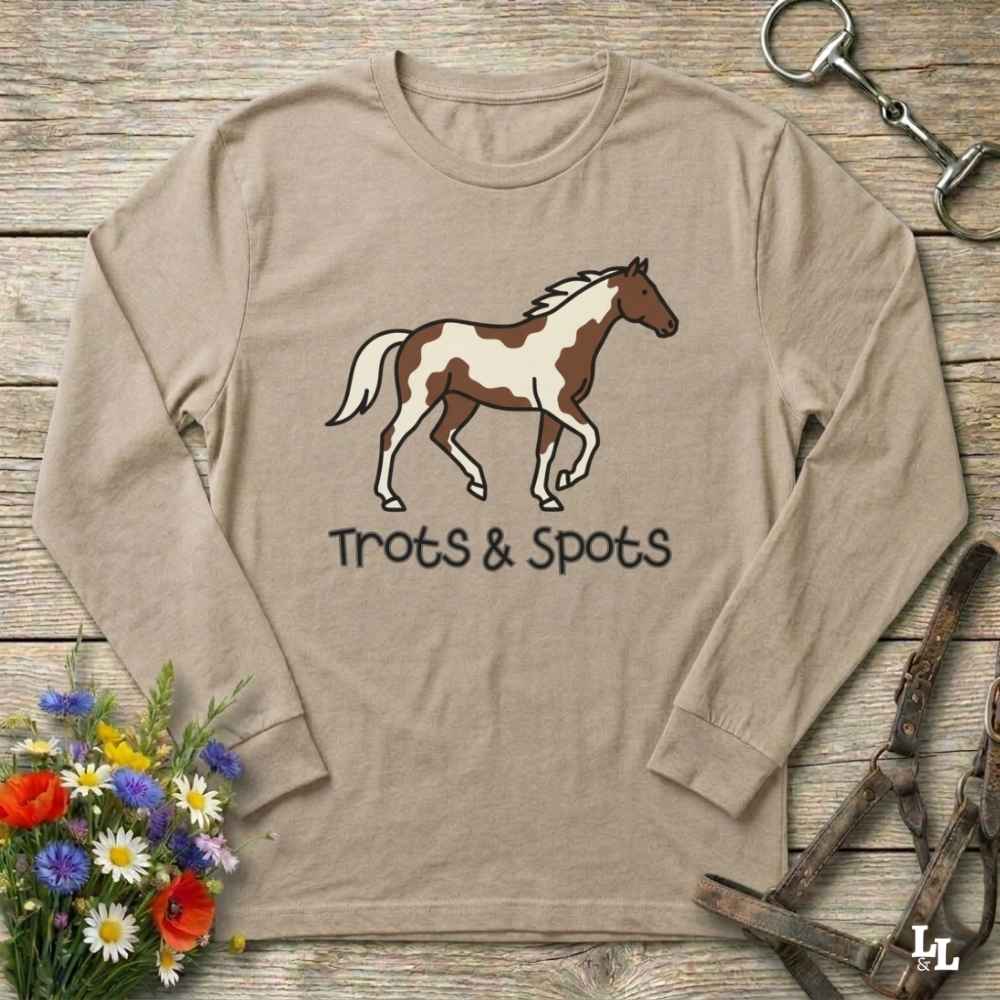 beige Trots and Spots Long Sleeve Tee, Trail Riding Tee for Horse Lovers, Equestrian Apparel