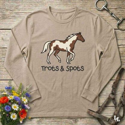 beige Trots and Spots Long Sleeve Tee, Trail Riding Tee for Horse Lovers, Equestrian Apparel