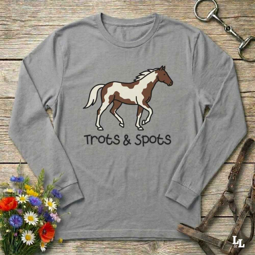 gray Trots and Spots Long Sleeve Tee, Trail Riding Tee for Horse Lovers, Equestrian Apparel