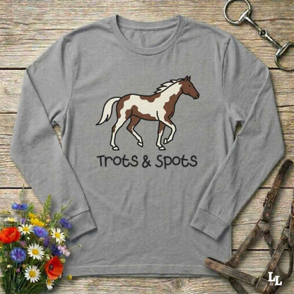 gray Trots and Spots Long Sleeve Tee, Trail Riding Tee for Horse Lovers, Equestrian Apparel