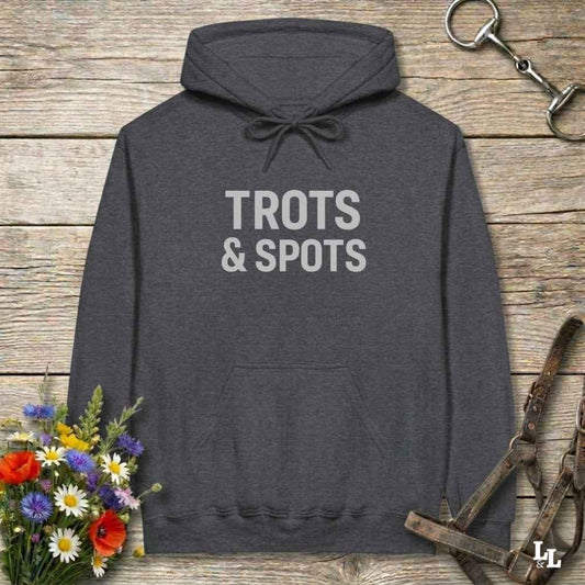 gray Trots and Spots Hoodie for Pinto Horse Lover, Trail Riding Hoodie, Cozy Barn Wear