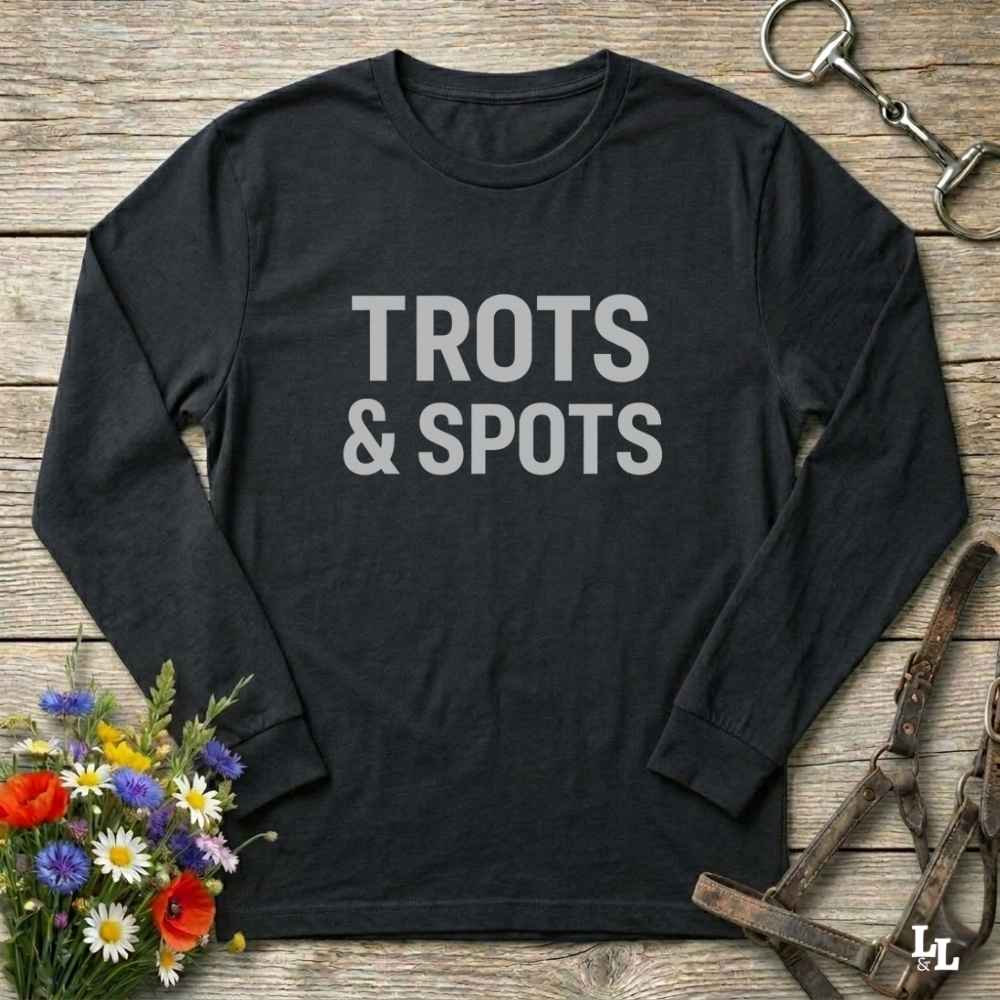 black Trots and Spots Long Sleeve Tee for Pinto Horse Lovers, Trail Riding Tee Barn Wear