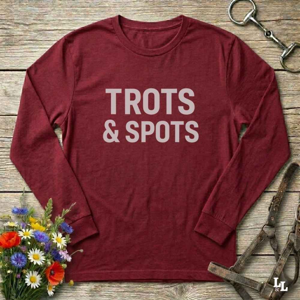 red Trots and Spots Long Sleeve Tee for Pinto Horse Lovers, Trail Riding Tee Barn Wear
