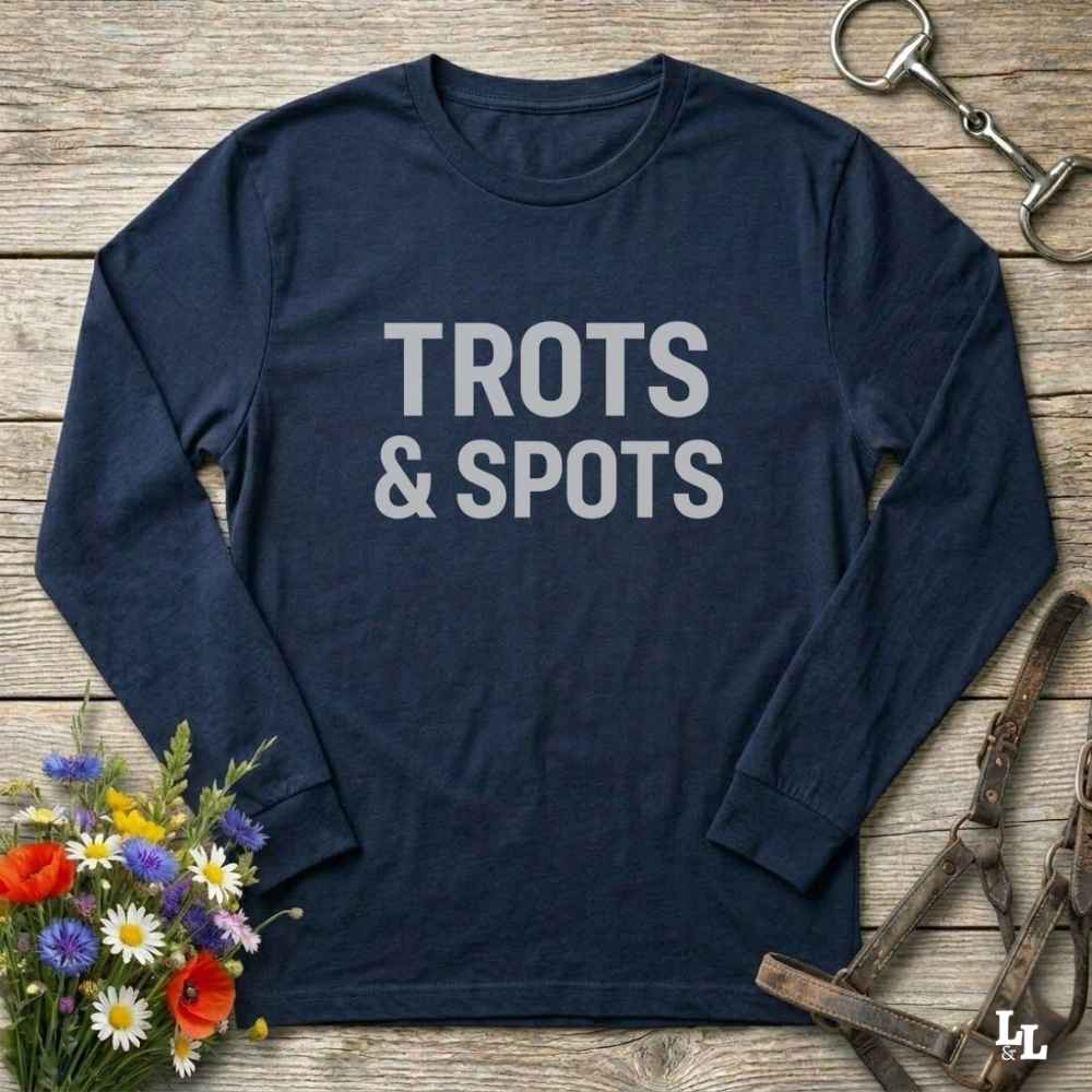 navy blue Trots and Spots Long Sleeve Tee for Pinto Horse Lovers, Trail Riding Tee Barn Wear