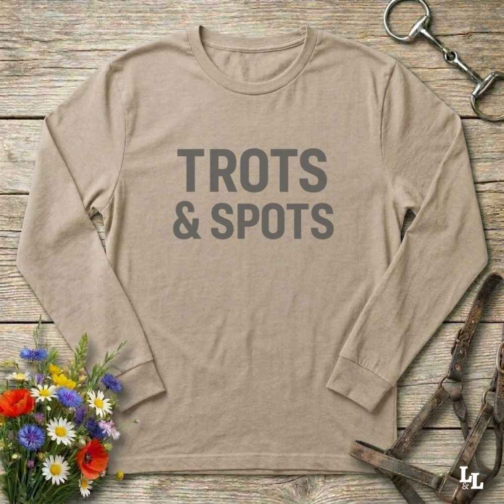 beige Trots and Spots Long Sleeve Tee for Pinto Horse Lovers, Trail Riding Tee Barn Wear