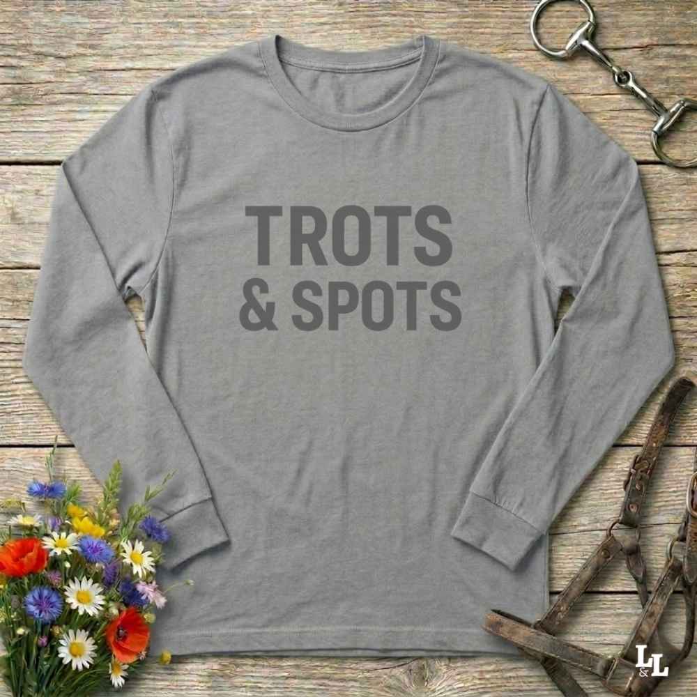 gray Trots and Spots Long Sleeve Tee for Pinto Horse Lovers, Trail Riding Tee Barn Wear
