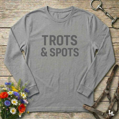 gray Trots and Spots Long Sleeve Tee for Pinto Horse Lovers, Trail Riding Tee Barn Wear