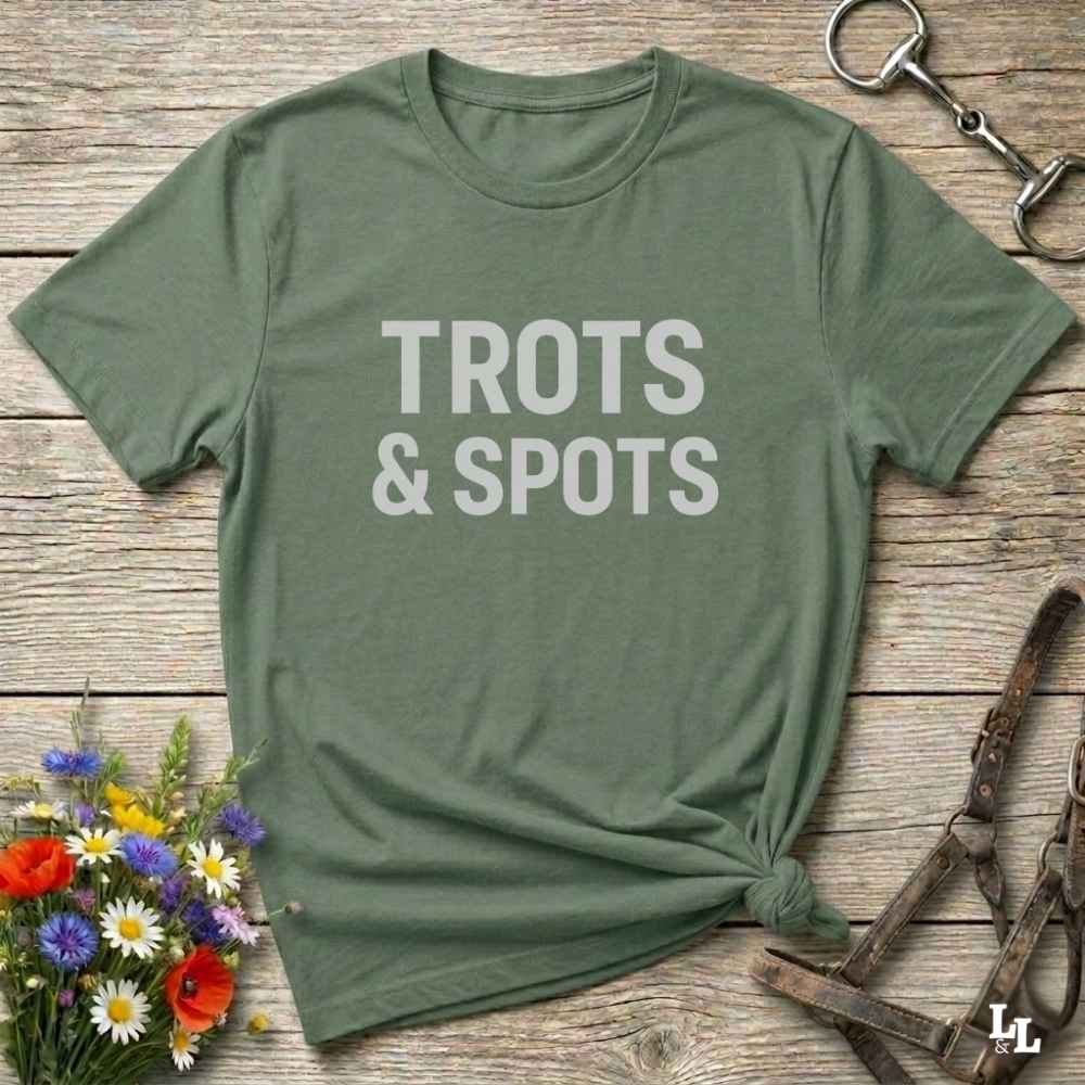 green  Trots and Spots T-Shirt for Pinto Horse Lover, Trail Riding Tee for Horse Rider