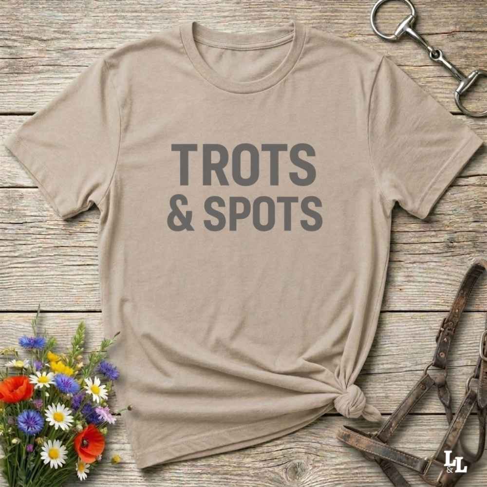 beige  Trots and Spots T-Shirt for Pinto Horse Lover, Trail Riding Tee for Horse Rider