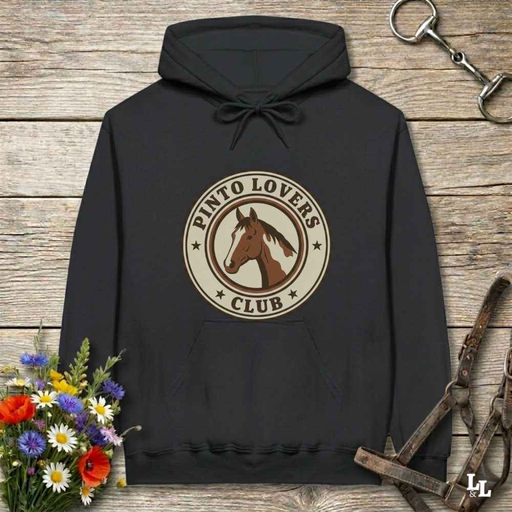 black Pinto Lovers Club Hoodie for Pinto Horse Lovers, Cozy Barn Hoodie