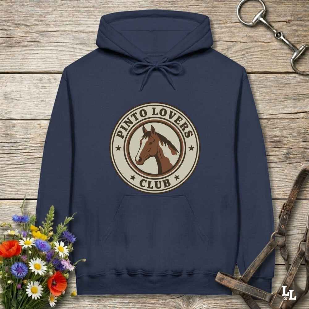 navy blue Pinto Lovers Club Hoodie for Pinto Horse Lovers, Cozy Barn Hoodie