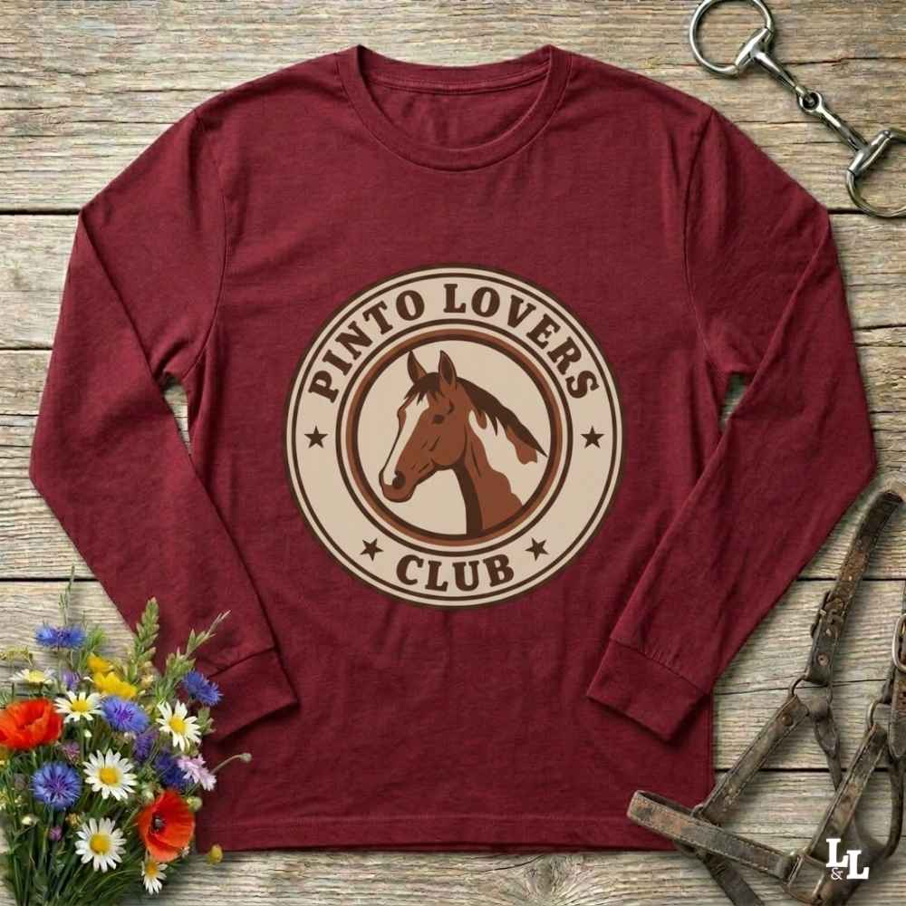 red Pinto Lovers Club Long Sleeve Tee for Pinto Horse Lovers, Long Sleeve Horse Tee