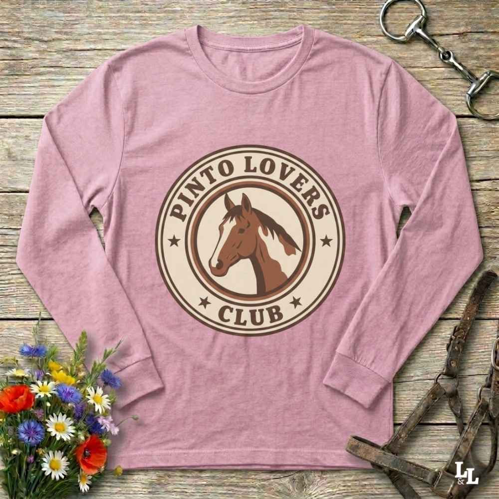 pink Pinto Lovers Club Long Sleeve Tee for Pinto Horse Lovers, Long Sleeve Horse Tee