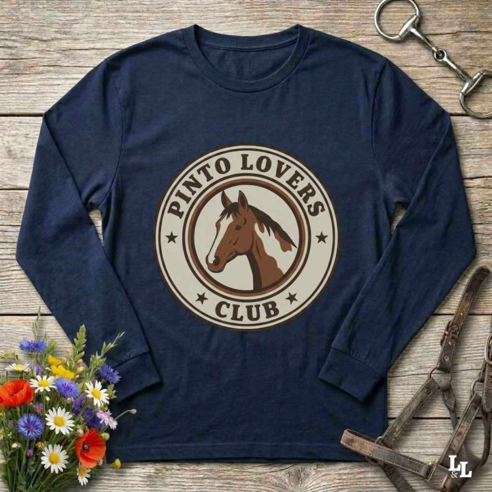 navy blue Pinto Lovers Club Long Sleeve Tee for Pinto Horse Lovers, Long Sleeve Horse Tee
