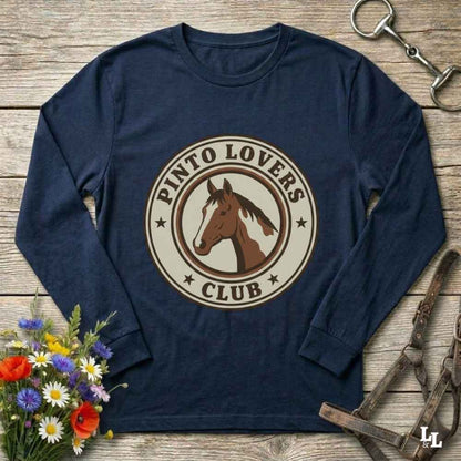 navy blue Pinto Lovers Club Long Sleeve Tee for Pinto Horse Lovers, Long Sleeve Horse Tee