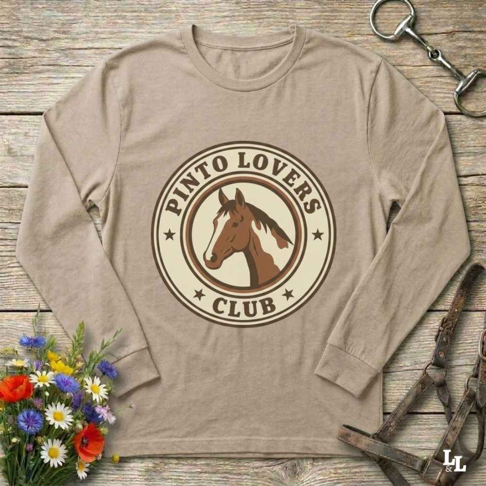 beige Pinto Lovers Club Long Sleeve Tee for Pinto Horse Lovers, Long Sleeve Horse Tee