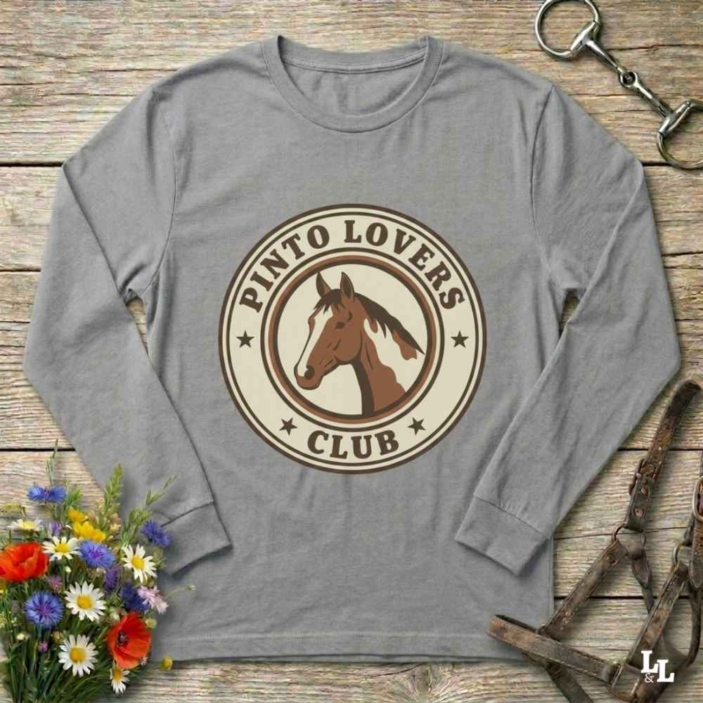 gray Pinto Lovers Club Long Sleeve Tee for Pinto Horse Lovers, Long Sleeve Horse Tee