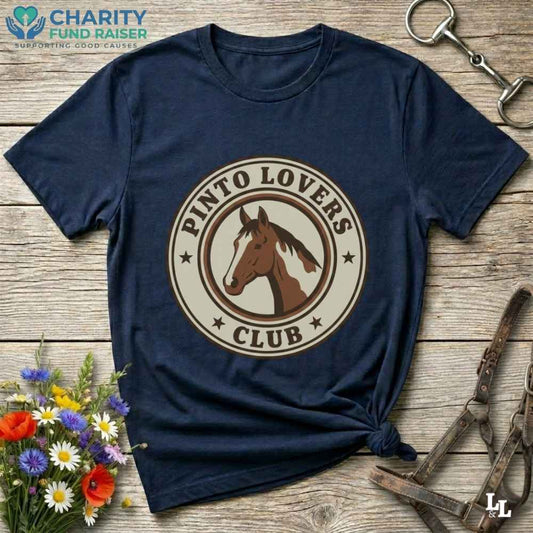 navy blue Pinto Lovers Club T-Shirt for Pinto Horse Lovers, Trail Riding Tee for Horse Riders