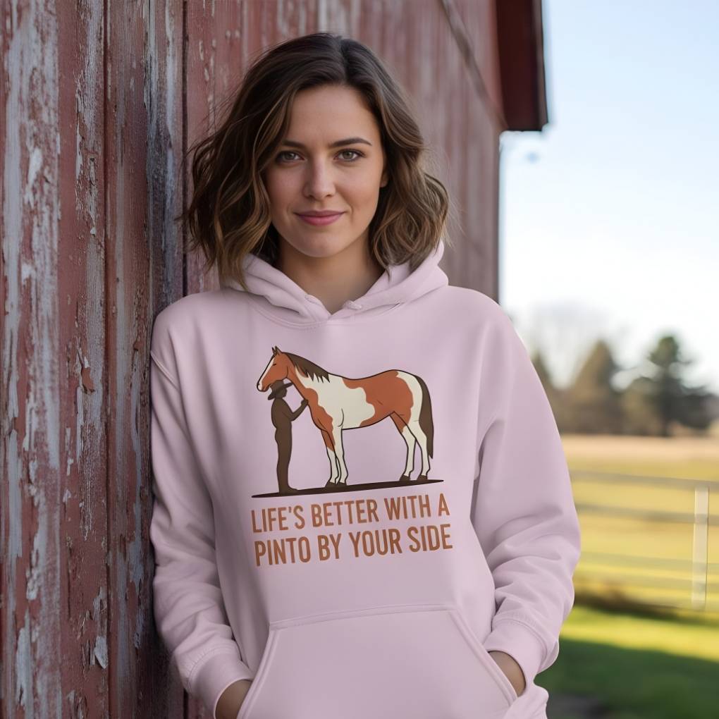 Woman wearing a hoodie with a horse graphic and text, standing next to a rustic wooden wall. Life's Better with a Pinto Hoodie for Pinto Lovers, Cozy Horse Riding Hoodie