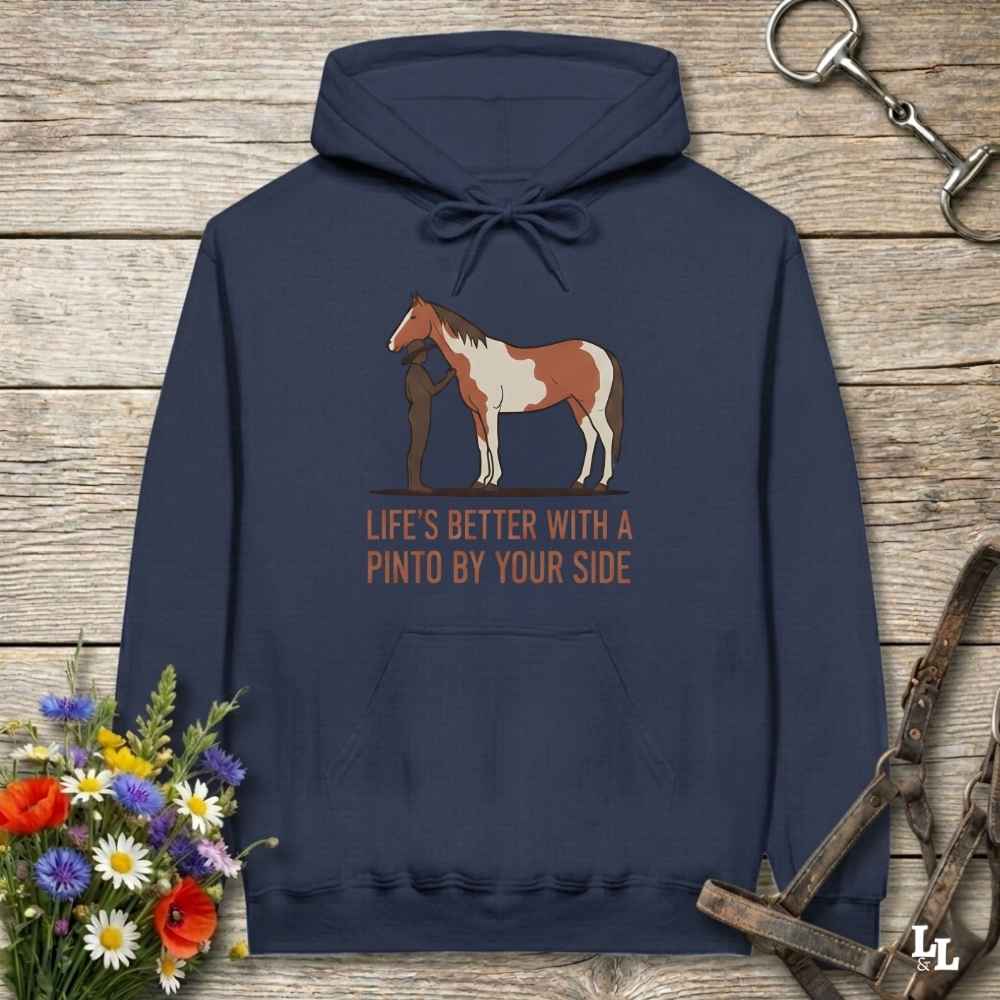navy blue Life's Better with a Pinto Hoodie for Pinto Lovers, Cozy Horse Riding Hoodie