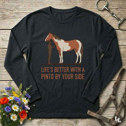 black Life's Better with a Pinto Long Sleeve Tee for Pinto Lovers, Trail Riding Tee
