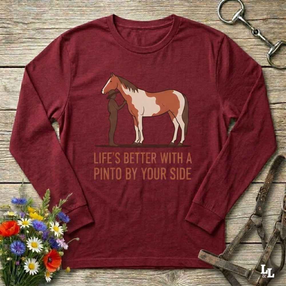 red Life's Better with a Pinto Long Sleeve Tee for Pinto Lovers, Trail Riding Tee