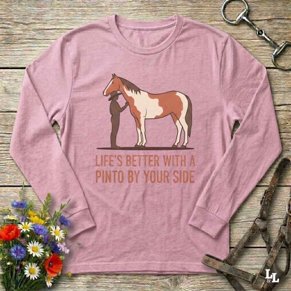 pink Life's Better with a Pinto Long Sleeve Tee for Pinto Lovers, Trail Riding Tee