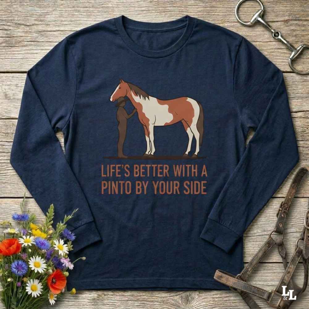navy blue Life's Better with a Pinto Long Sleeve Tee for Pinto Lovers, Trail Riding Tee